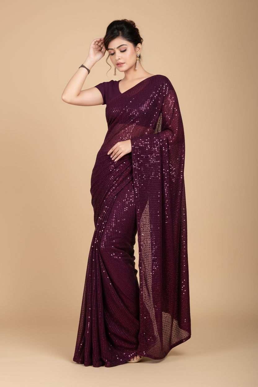 Snuggle Spot Women's Georgette Embellished Sequnece Bollywood Saree With Unstitched Blouse 5.5Mtr (Purple)