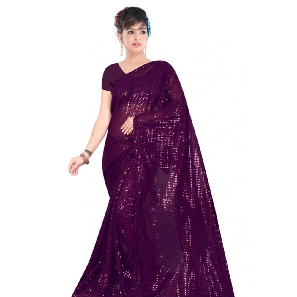 Snuggle Spot Women's Georgette Embellished Sequnece Bollywood Saree With Unstitched Blouse 5.5Mtr (Purple)