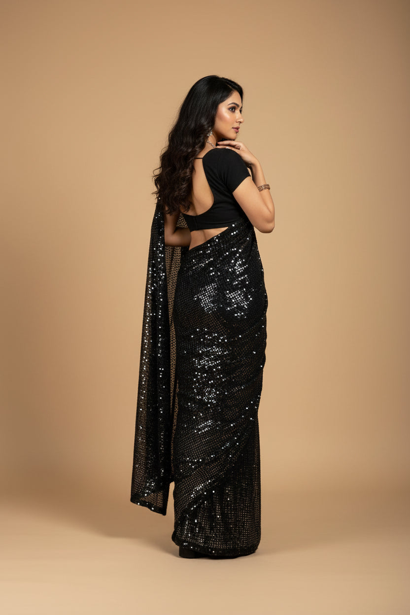 Snuggle Spot Women's Georgette Embellished Sequnece Bollywood Saree With Unstitched Blouse 5.5Mtr (Black)
