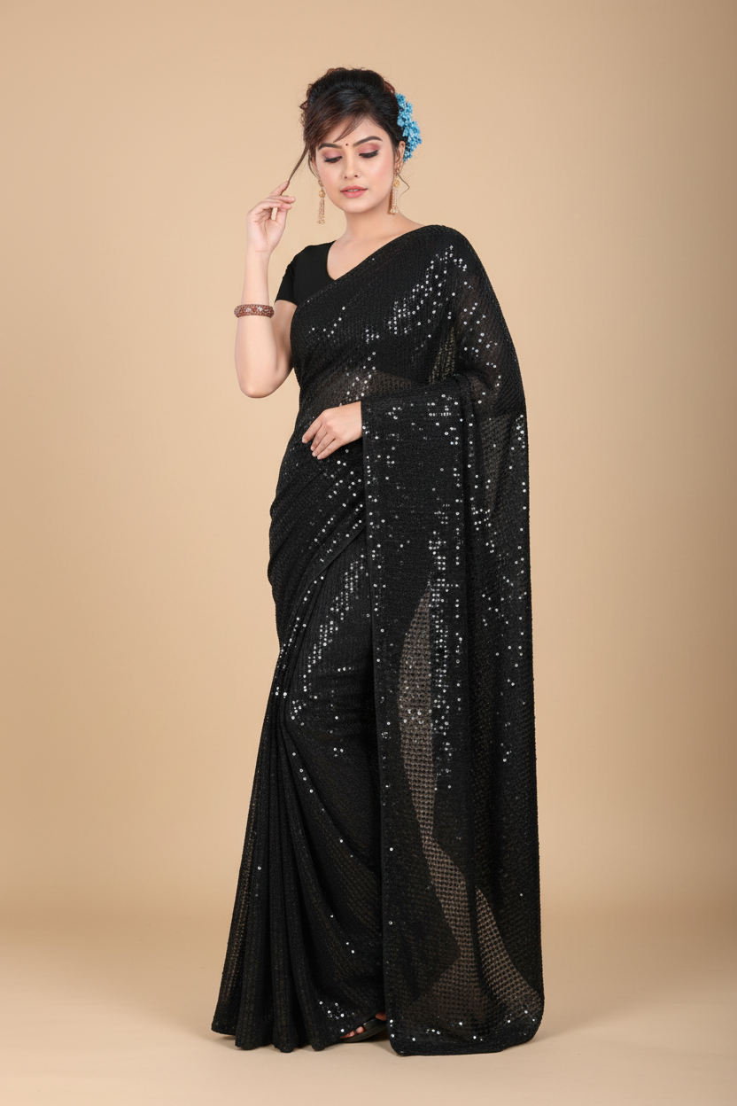 Snuggle Spot Women's Georgette Embellished Sequnece Bollywood Saree With Unstitched Blouse 5.5Mtr (Black)
