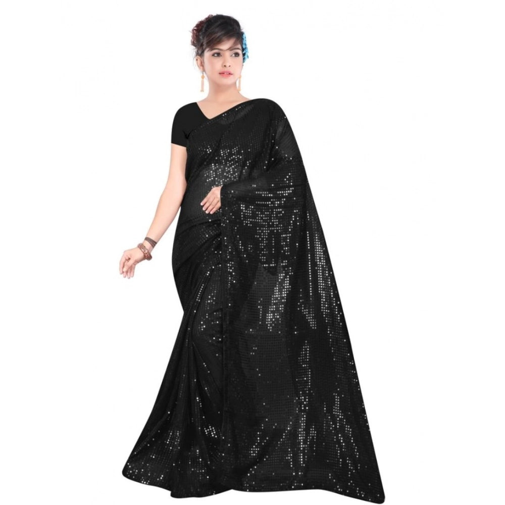 Snuggle Spot Women's Georgette Embellished Sequnece Bollywood Saree With Unstitched Blouse 5.5Mtr (Black)