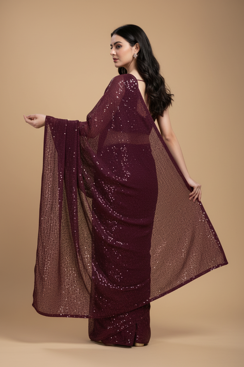 Snuggle Spot Women's Georgette Embellished Sequnece Bollywood Saree With Unstitched Blouse 5.5Mtr (Purple)