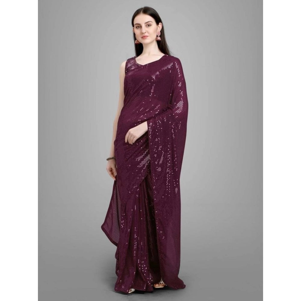 Snuggle Spot Women's Georgette Embellished Sequnece Bollywood Saree With Unstitched Blouse 5.5Mtr (Purple)