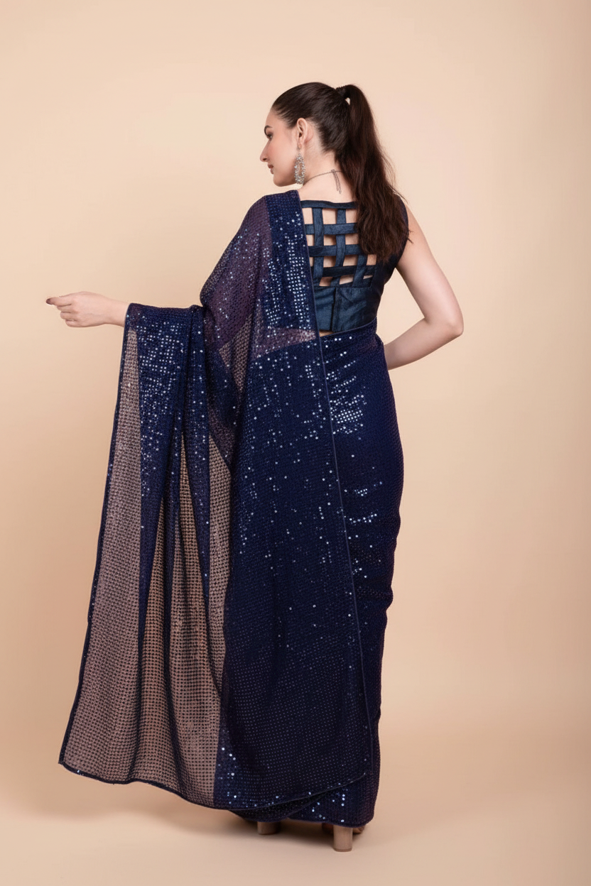 Snuggle Spot Women's Georgette Embellished Sequnece Bollywood Saree With Unstitched Blouse 5.5Mtr (Blue)