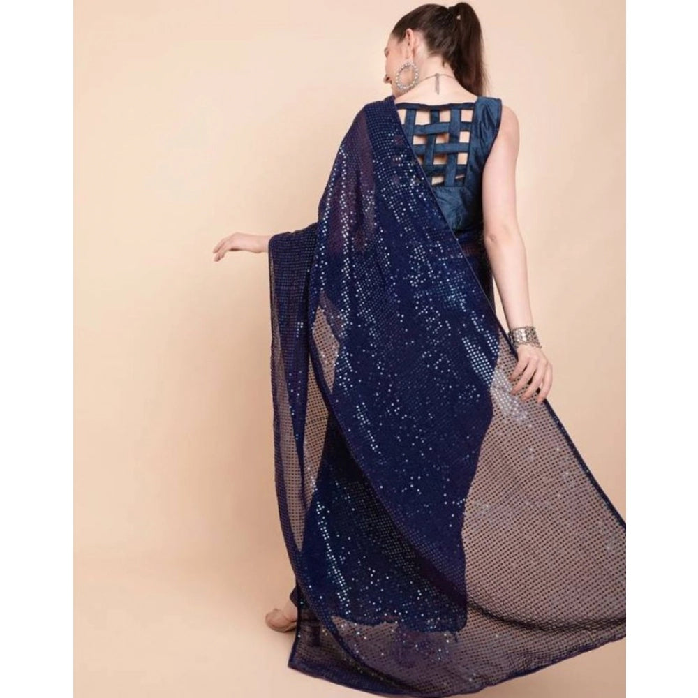 Snuggle Spot Women's Georgette Embellished Sequnece Bollywood Saree With Unstitched Blouse 5.5Mtr (Blue)