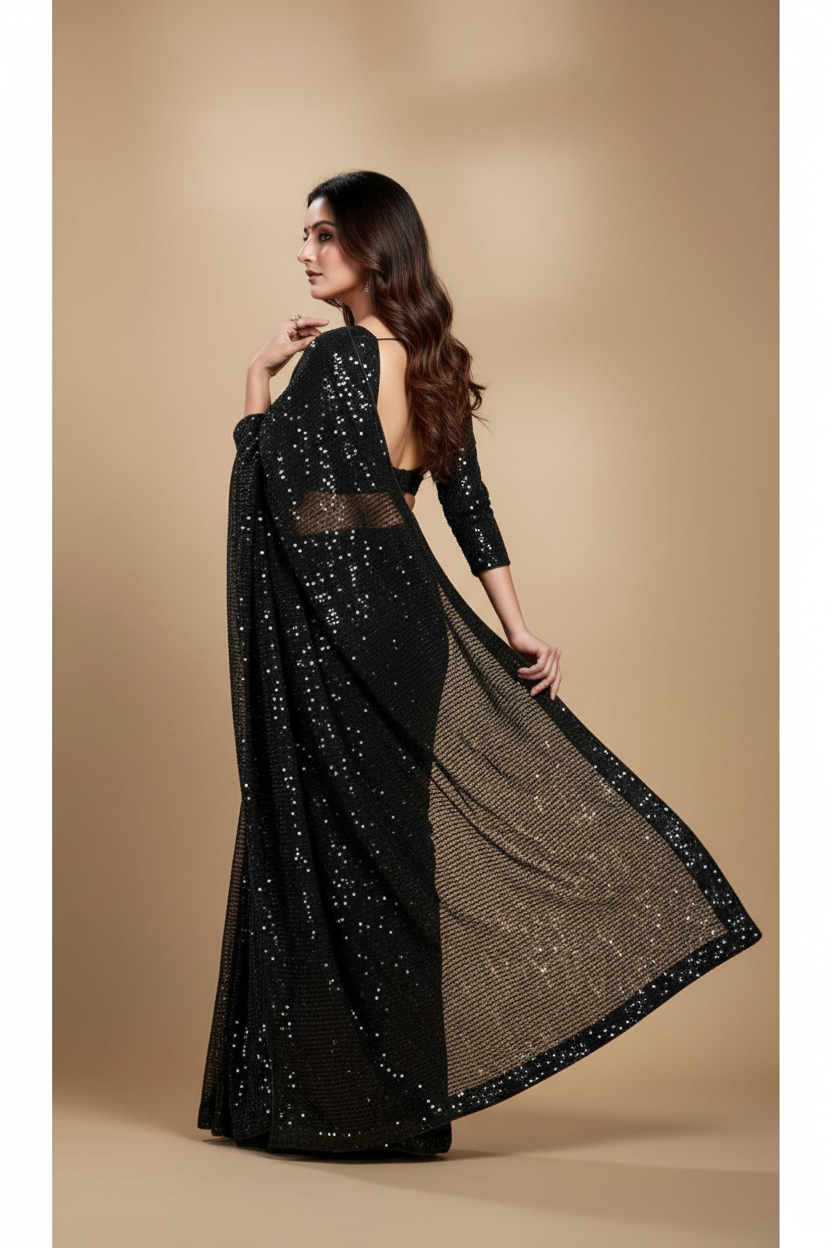 Snuggle Spot Women's Georgette Embellished Sequnece Bollywood Saree With Unstitched Blouse 5.5Mtr (Black)