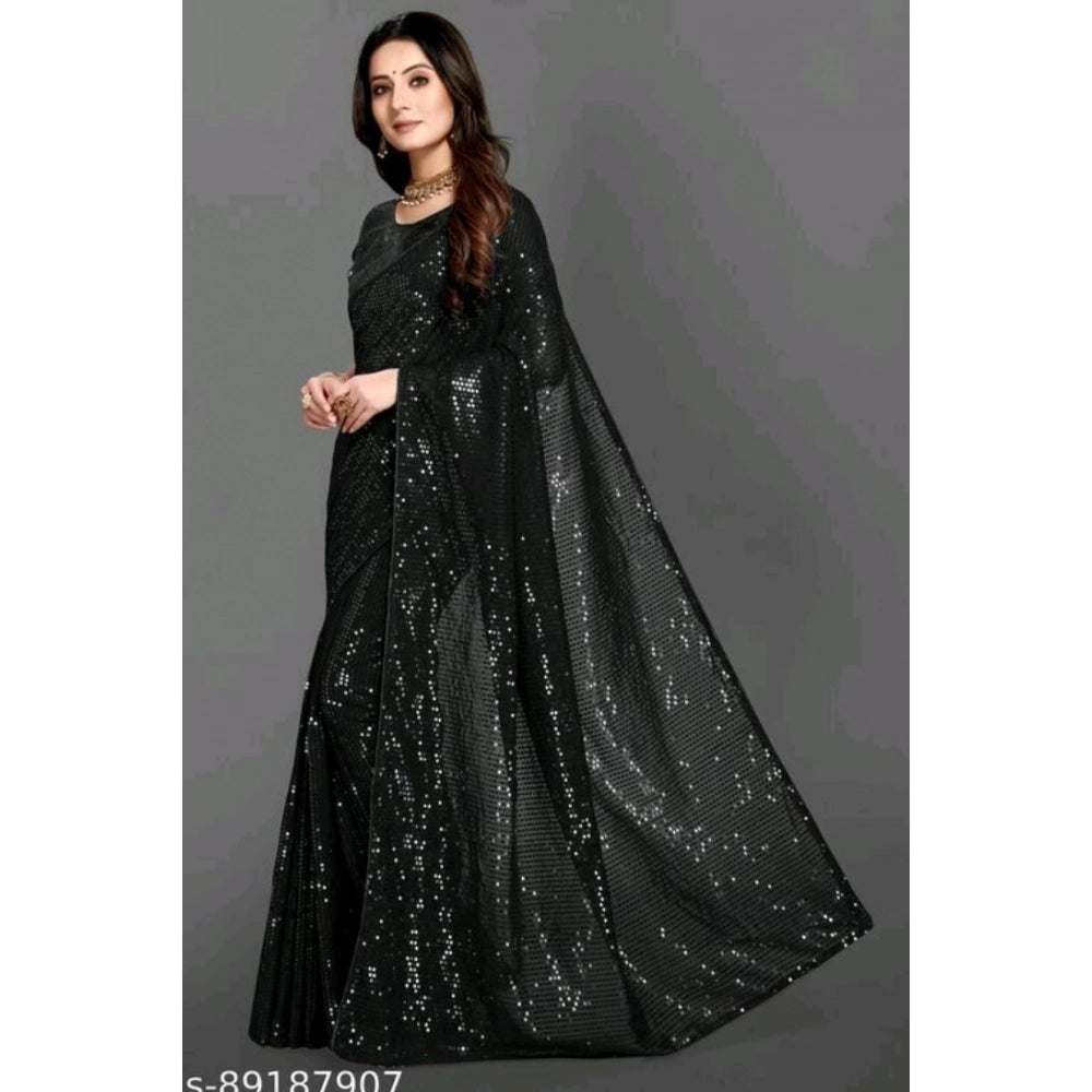 Snuggle Spot Women's Georgette Embellished Sequnece Bollywood Saree With Unstitched Blouse 5.5Mtr (Black)