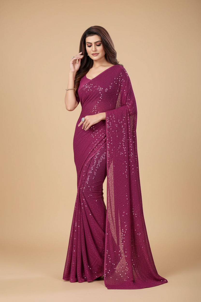 Snuggle Spot Women's Georgette Embellished Sequnece Bollywood Saree With Unstitched Blouse 5.5Mtr (Purple)