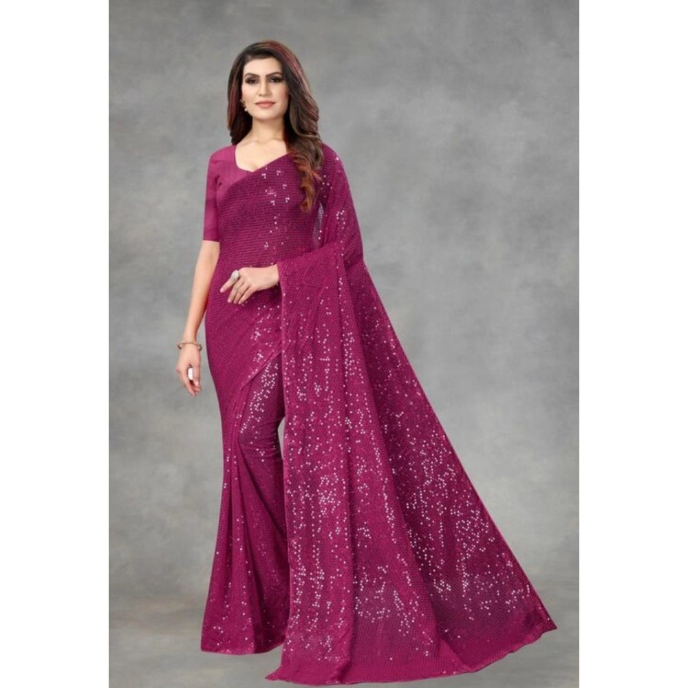 Snuggle Spot Women's Georgette Embellished Sequnece Bollywood Saree With Unstitched Blouse 5.5Mtr (Purple)