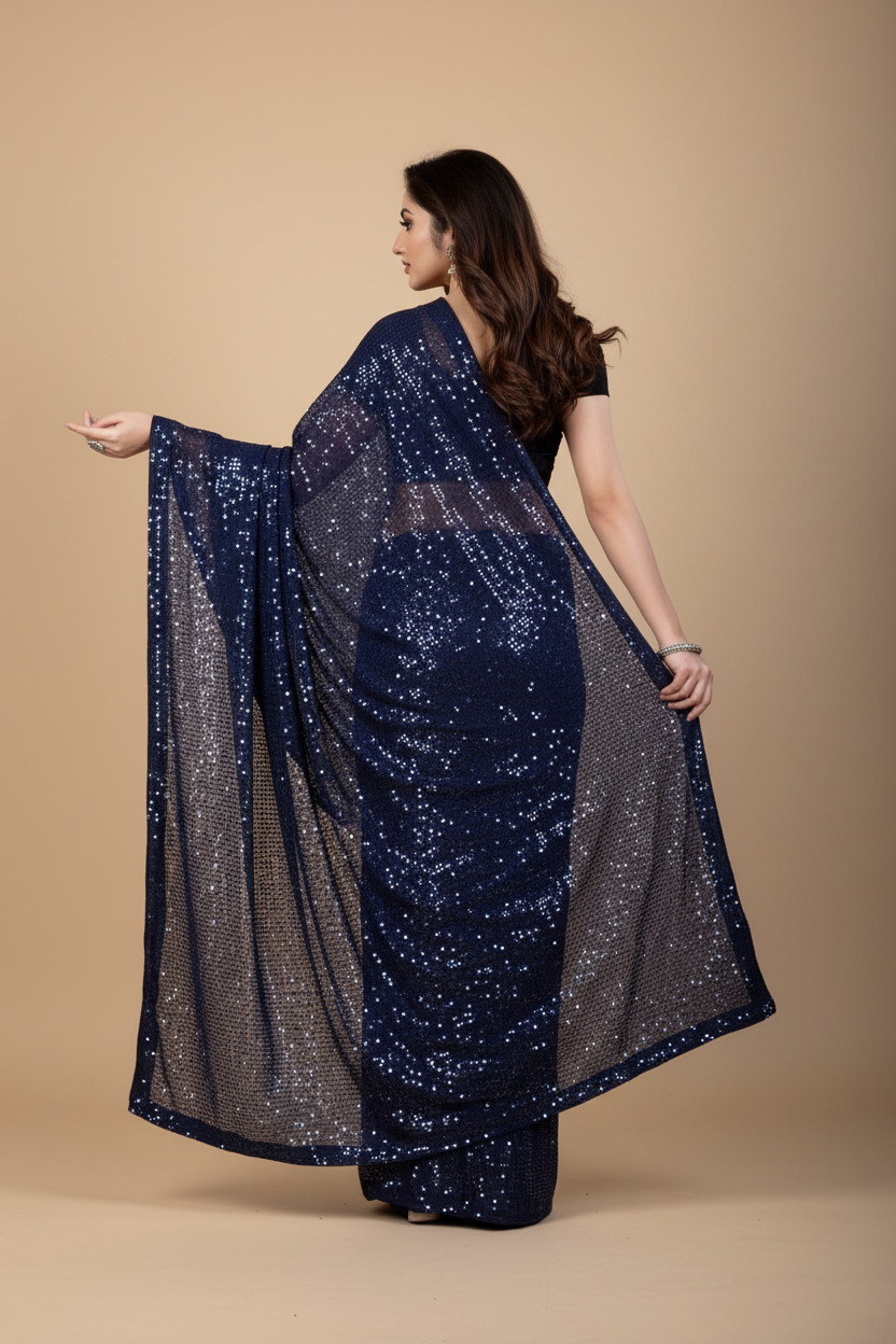 Snuggle Spot Women's Georgette Embellished Sequnece Bollywood Saree With Unstitched Blouse 5.5Mtr (Blue)