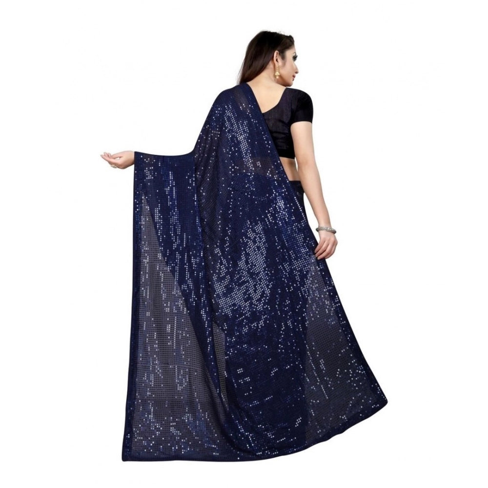 Snuggle Spot Women's Georgette Embellished Sequnece Bollywood Saree With Unstitched Blouse 5.5Mtr (Blue)