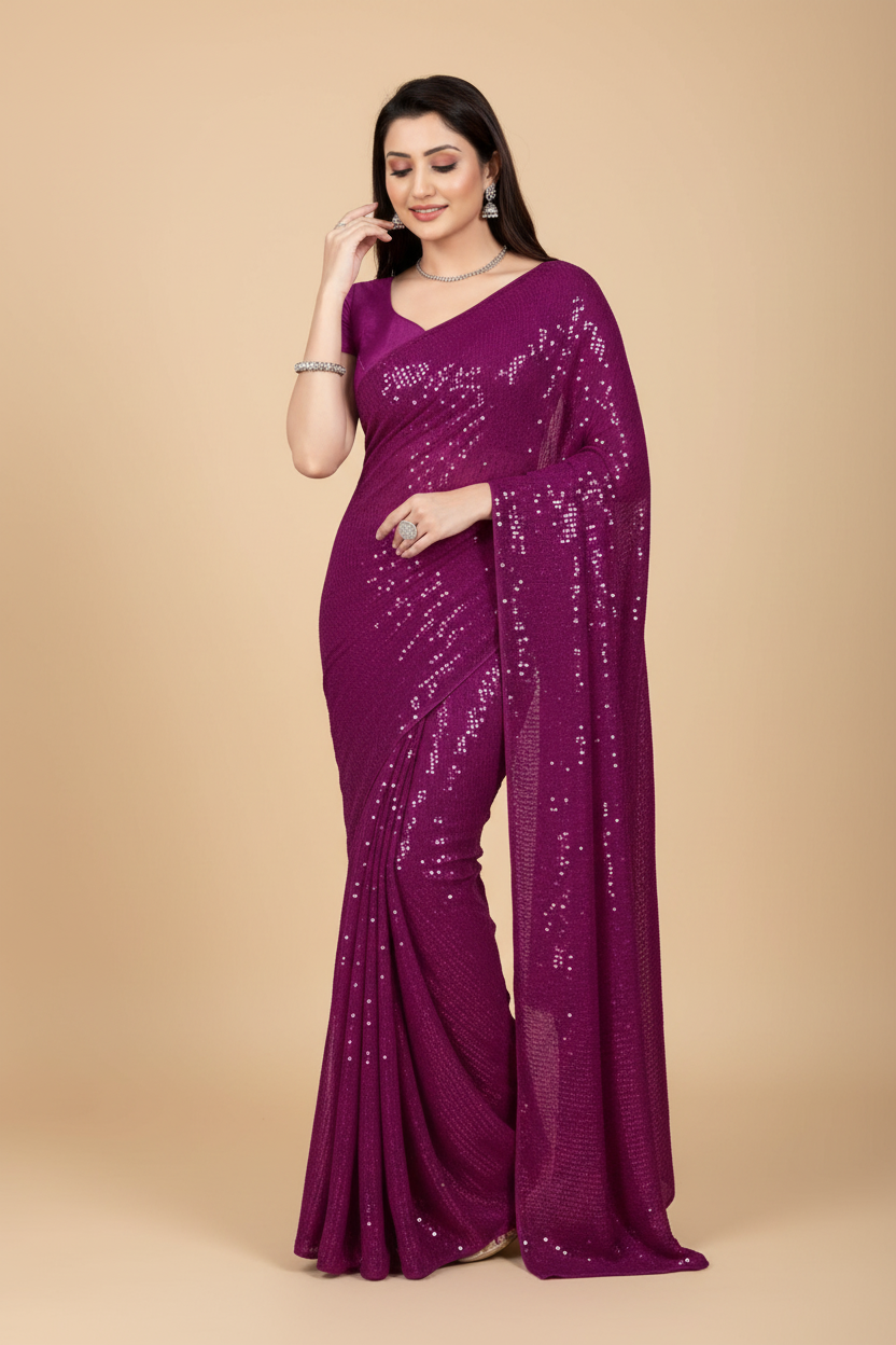 Snuggle Spot Women's Georgette Embellished Sequnece Bollywood Saree With Unstitched Blouse 5.5Mtr (Purple)
