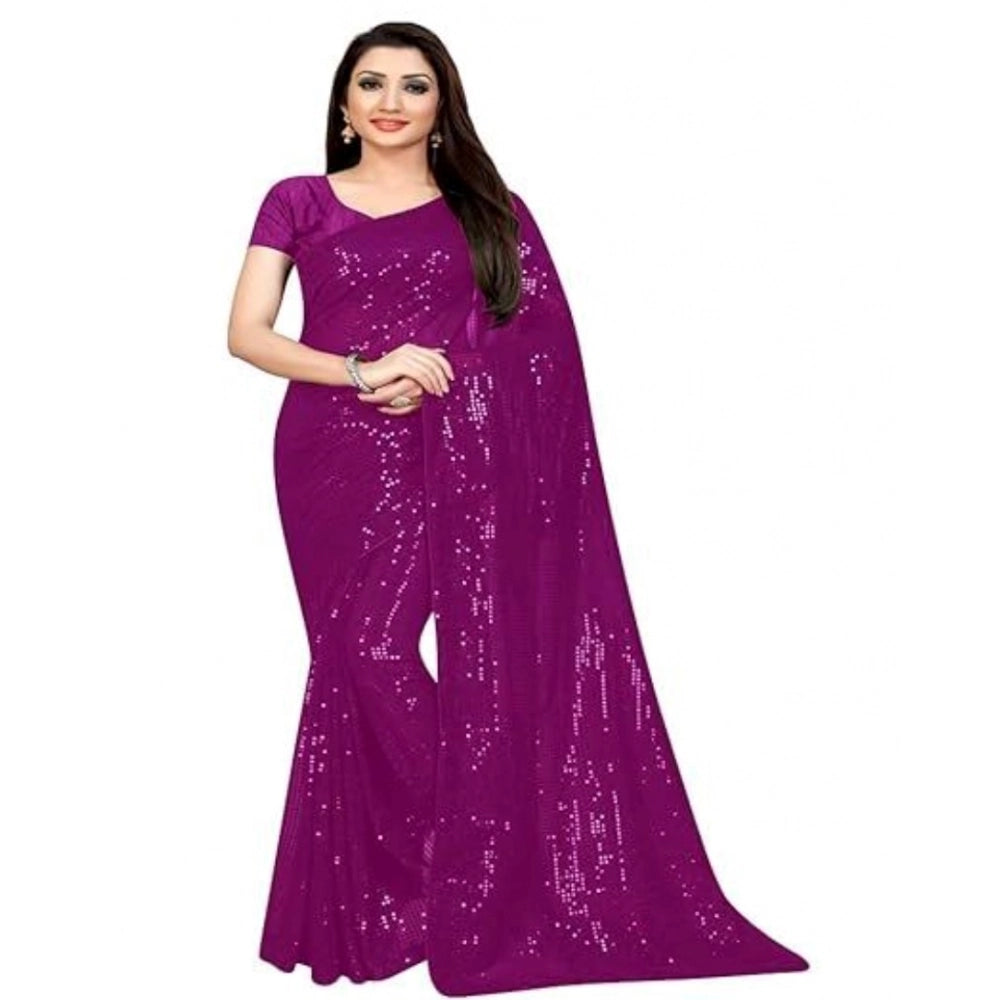 Snuggle Spot Women's Georgette Embellished Sequnece Bollywood Saree With Unstitched Blouse 5.5Mtr (Purple)