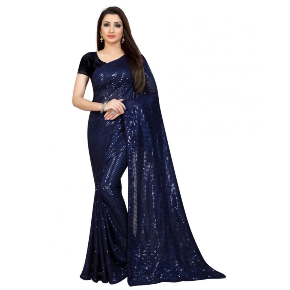Snuggle Spot Women's Georgette Embellished Sequnece Bollywood Saree With Unstitched Blouse 5.5Mtr (Blue)