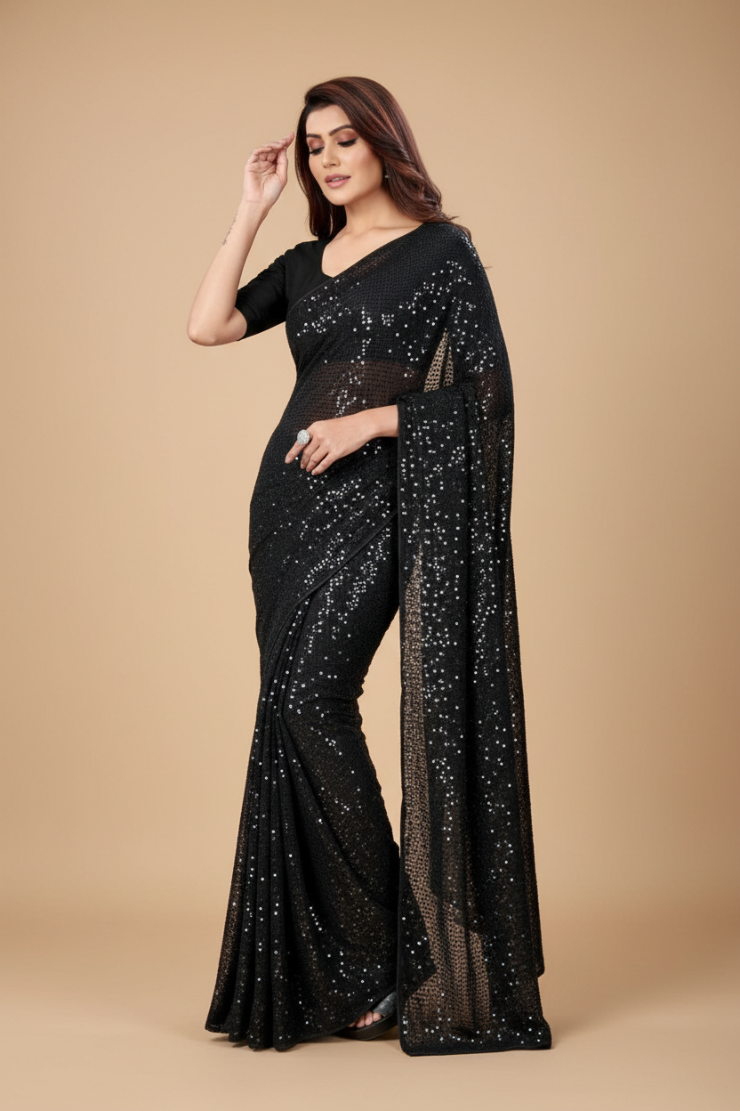 Snuggle Spot Women's Georgette Embellished Sequnece Bollywood Saree With Unstitched Blouse 5.5Mtr (Black)