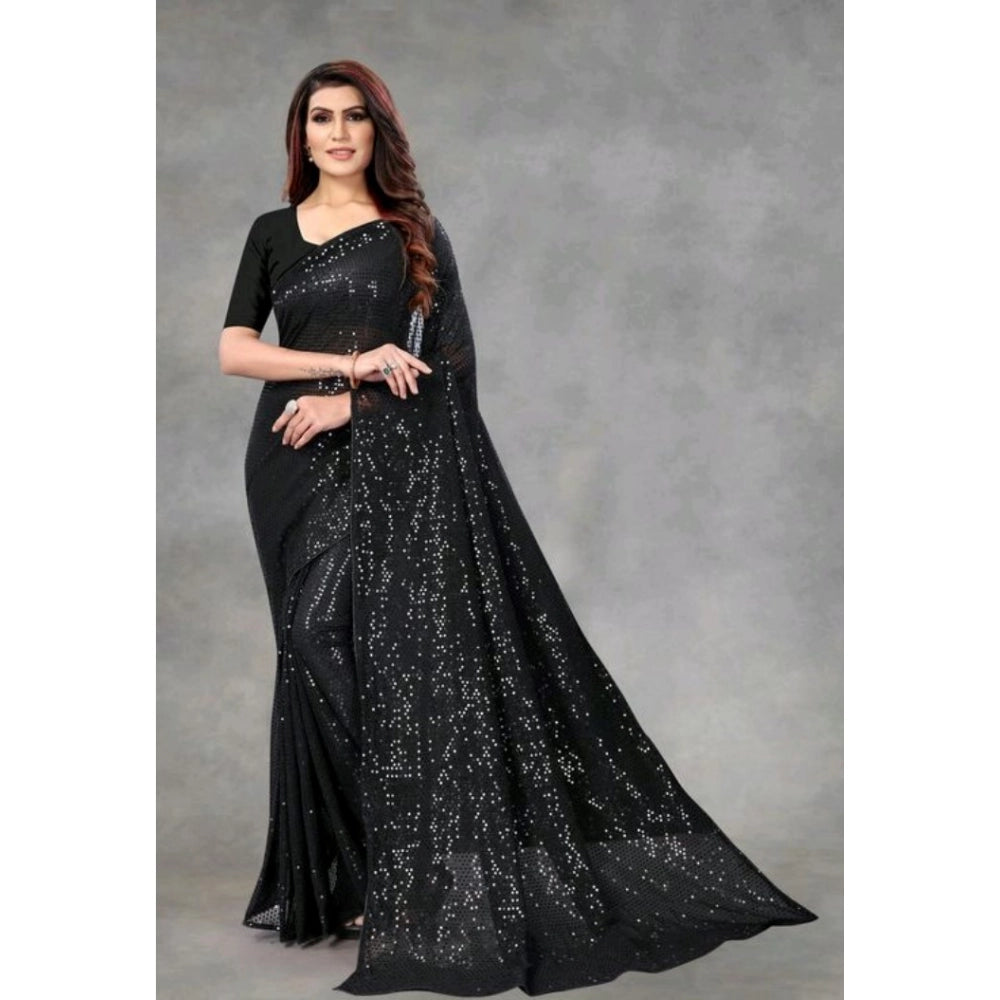 Snuggle Spot Women's Georgette Embellished Sequnece Bollywood Saree With Unstitched Blouse 5.5Mtr (Black)