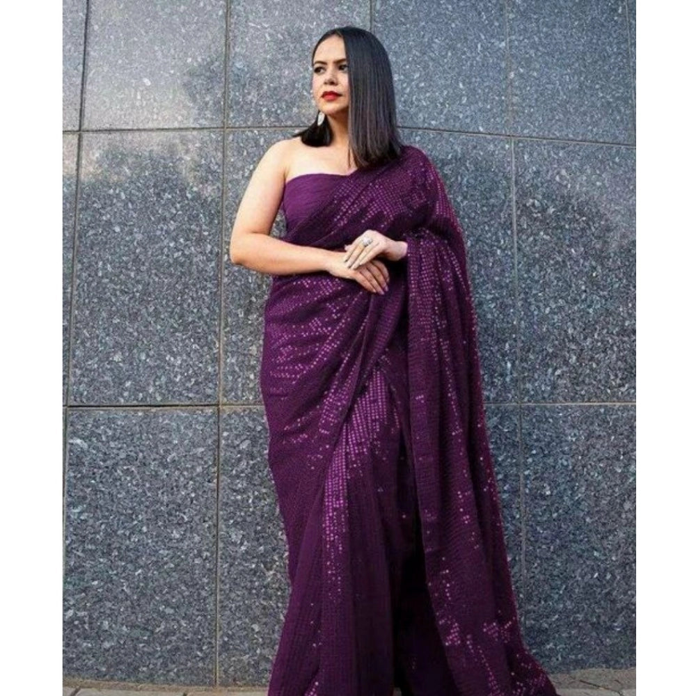 Snuggle Spot Women's Georgette Embellished Sequnece Bollywood Saree With Unstitched Blouse 5.5Mtr (Purple)