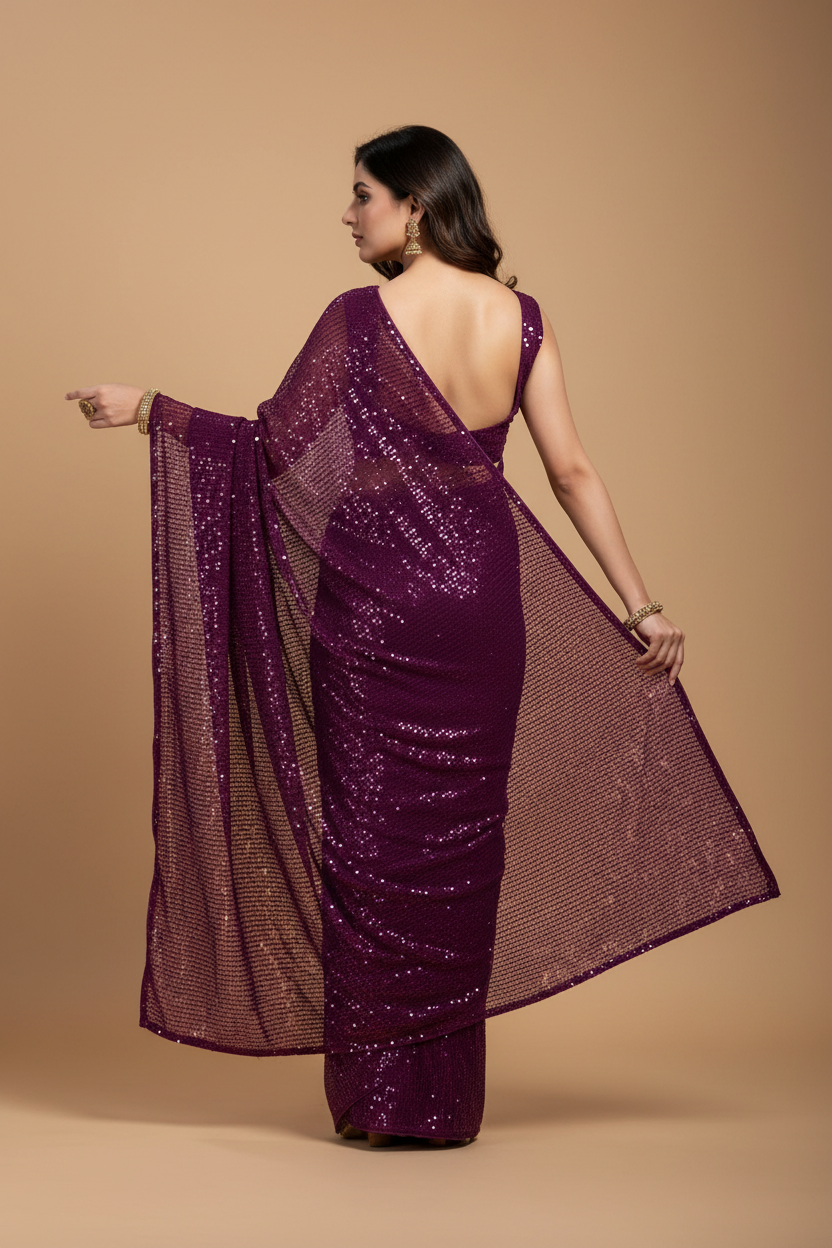 Snuggle Spot Women's Georgette Embellished Sequnece Bollywood Saree With Unstitched Blouse 5.5Mtr (Purple)