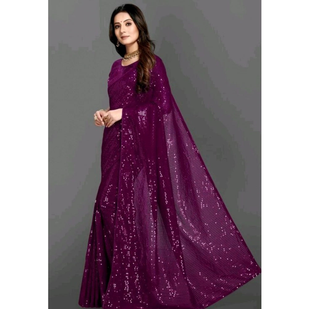 Snuggle Spot Women's Georgette Embellished Sequnece Bollywood Saree With Unstitched Blouse 5.5Mtr (Purple)