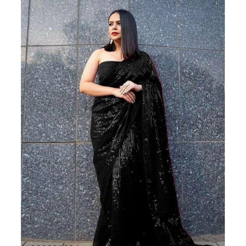 Snuggle Spot Women's Georgette Embellished Sequnece Bollywood Saree With Unstitched Blouse 5.5Mtr (Black)