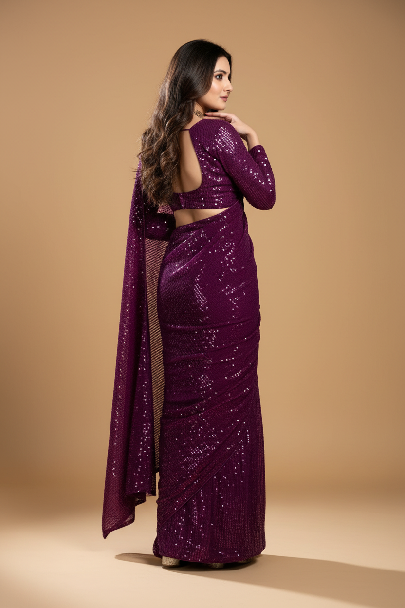 Snuggle Spot Women's Georgette Embellished Sequnece Bollywood Saree With Unstitched Blouse 5.5Mtr (Purple)