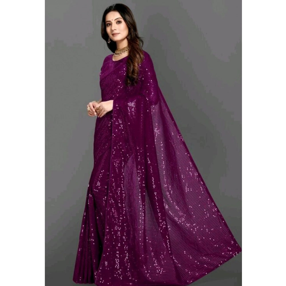 Snuggle Spot Women's Georgette Embellished Sequnece Bollywood Saree With Unstitched Blouse 5.5Mtr (Purple)