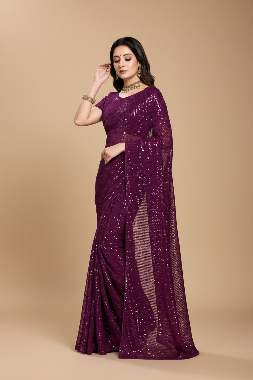 Snuggle Spot Women's Georgette Embellished Sequnece Bollywood Saree With Unstitched Blouse 5.5Mtr (Purple)