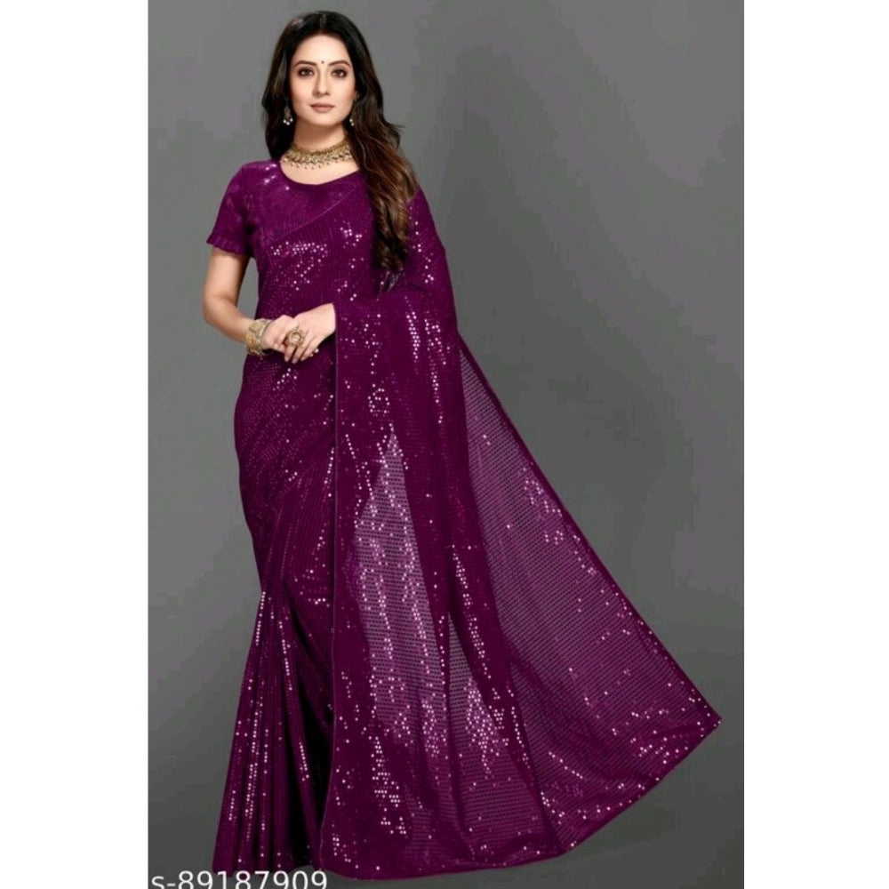 Snuggle Spot Women's Georgette Embellished Sequnece Bollywood Saree With Unstitched Blouse 5.5Mtr (Purple)