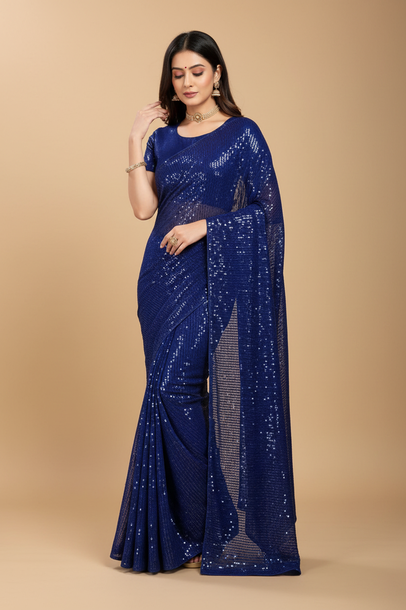 Snuggle Spot Women's Georgette Embellished Sequnece Bollywood Saree With Unstitched Blouse 5.5Mtr (Blue)