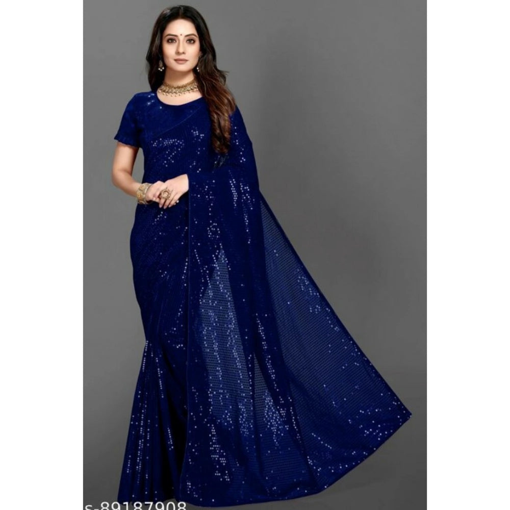 Snuggle Spot Women's Georgette Embellished Sequnece Bollywood Saree With Unstitched Blouse 5.5Mtr (Blue)