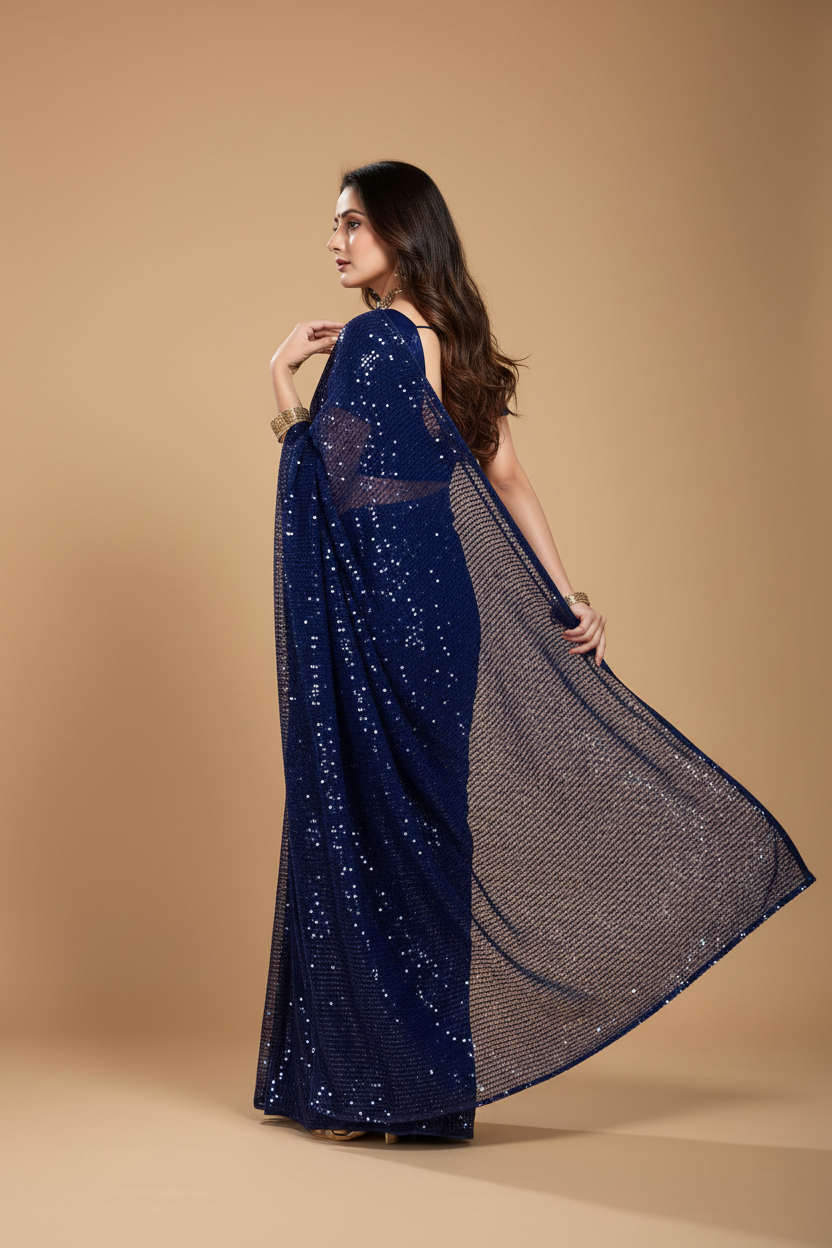 Snuggle Spot Women's Georgette Embellished Sequnece Bollywood Saree With Unstitched Blouse 5.5Mtr (Blue)