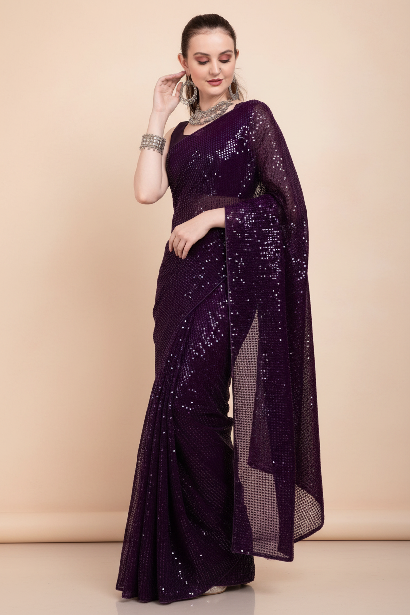 Snuggle Spot Women's Georgette Embellished Sequnece Bollywood Saree With Unstitched Blouse 5.5Mtr (Purple)
