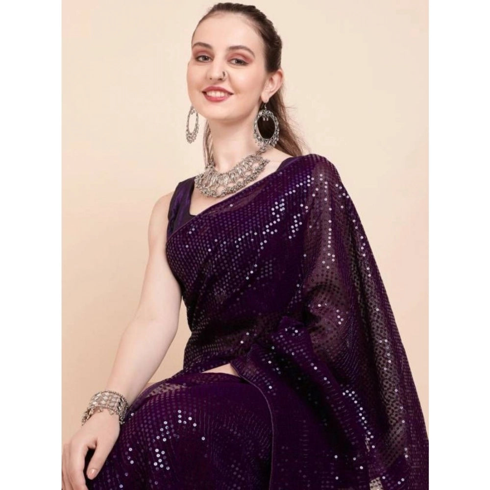 Snuggle Spot Women's Georgette Embellished Sequnece Bollywood Saree With Unstitched Blouse 5.5Mtr (Purple)