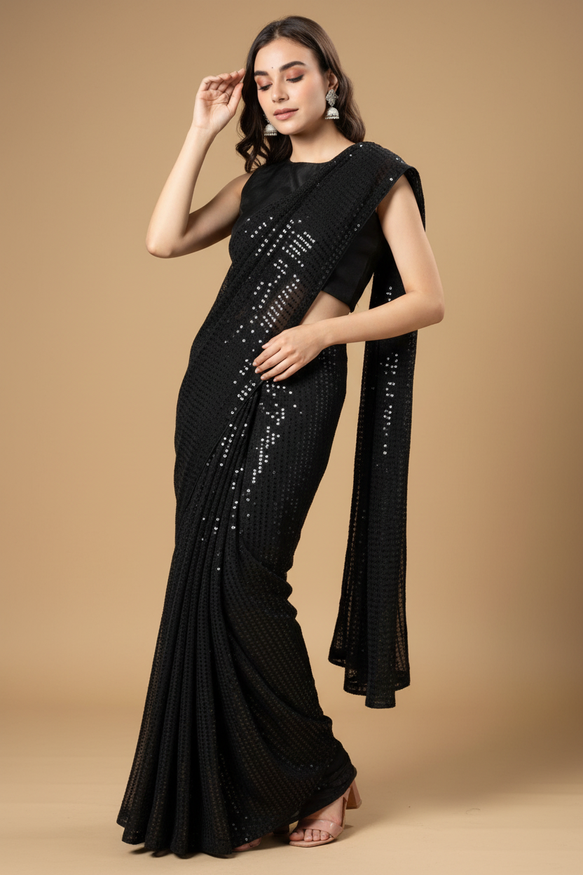 Snuggle Spot Women's Georgette Embellished Sequnece Bollywood Saree With Unstitched Blouse 5.5Mtr (Black)