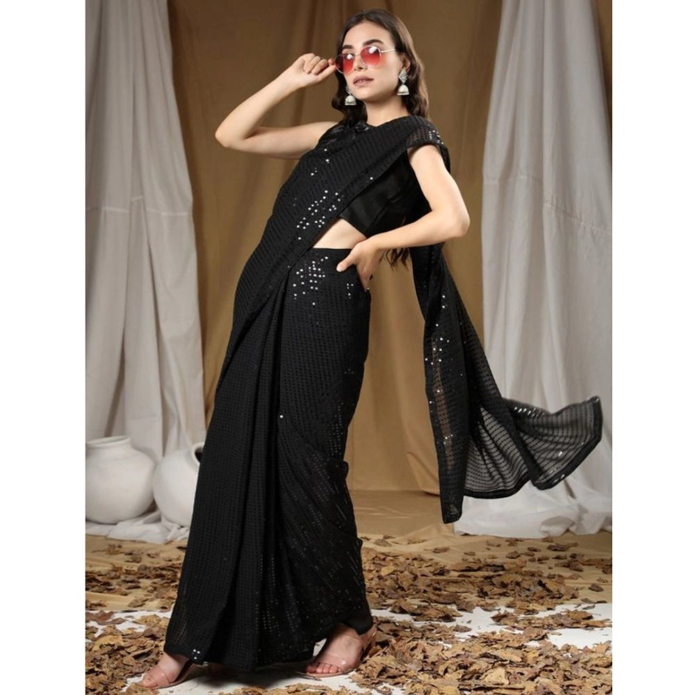 Snuggle Spot Women's Georgette Embellished Sequnece Bollywood Saree With Unstitched Blouse 5.5Mtr (Black)
