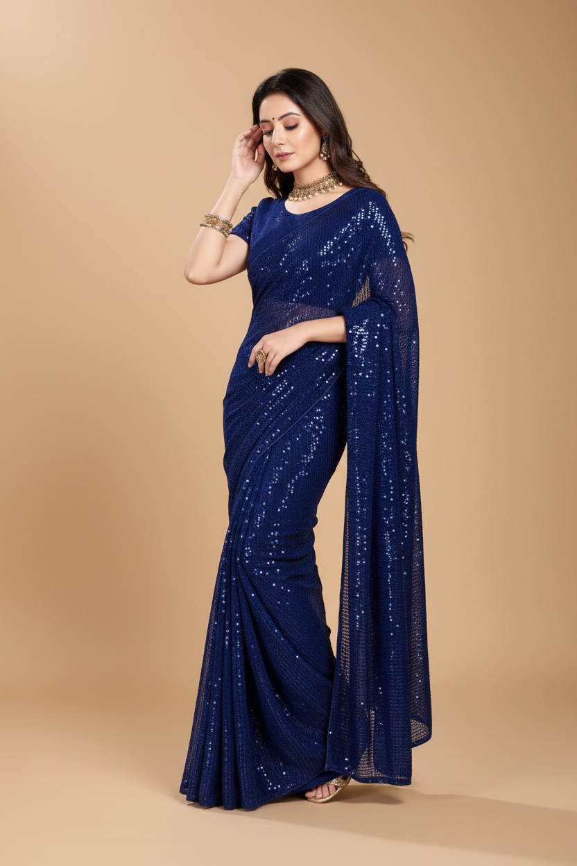 Snuggle Spot Women's Georgette Embellished Sequnece Bollywood Saree With Unstitched Blouse 5.5Mtr (Blue)