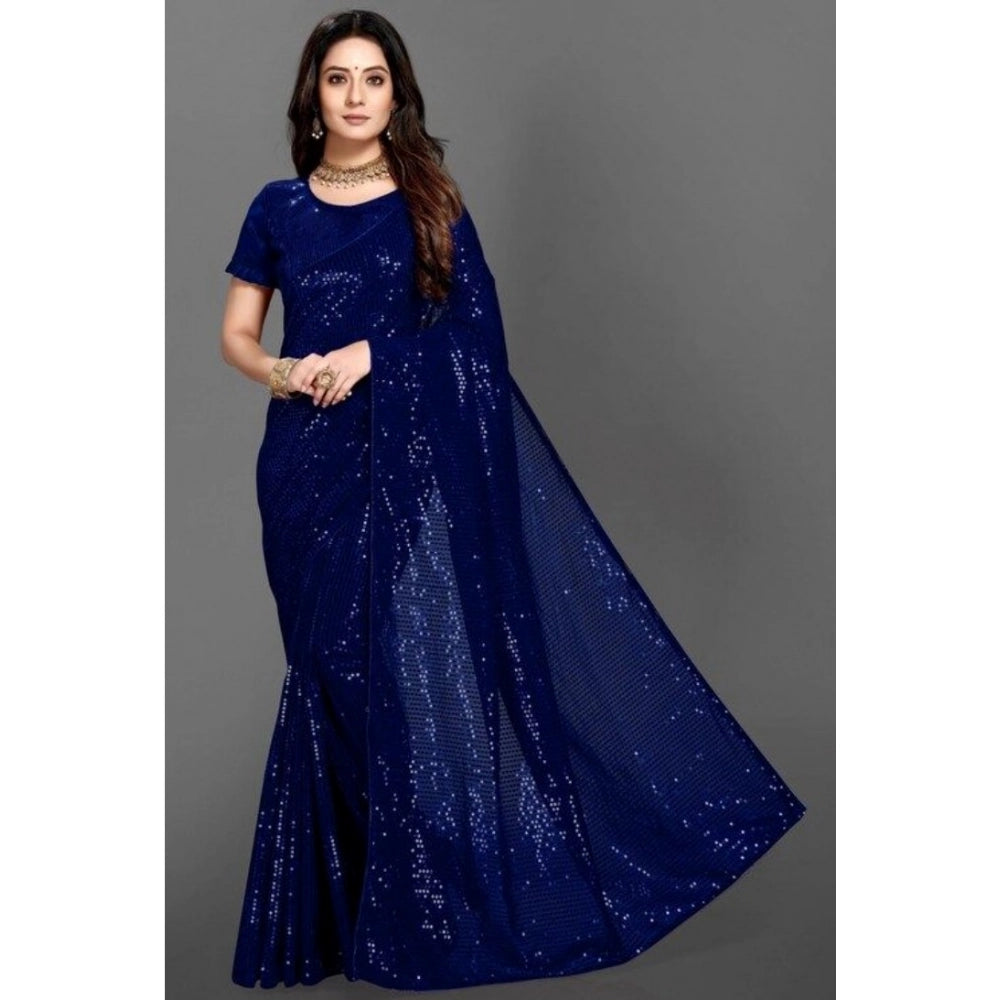 Snuggle Spot Women's Georgette Embellished Sequnece Bollywood Saree With Unstitched Blouse 5.5Mtr (Blue)