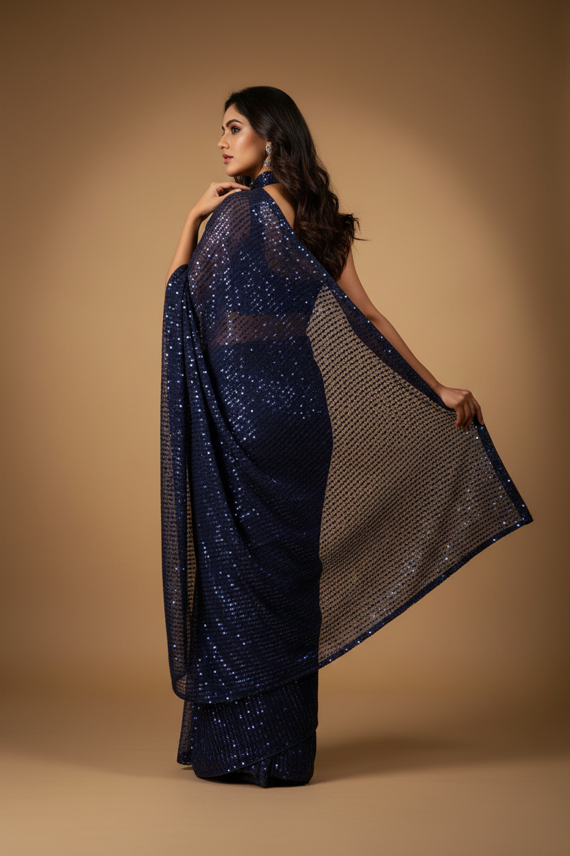 Snuggle Spot Women's Georgette Embellished Sequnece Bollywood Saree With Unstitched Blouse 5.5Mtr (Blue)