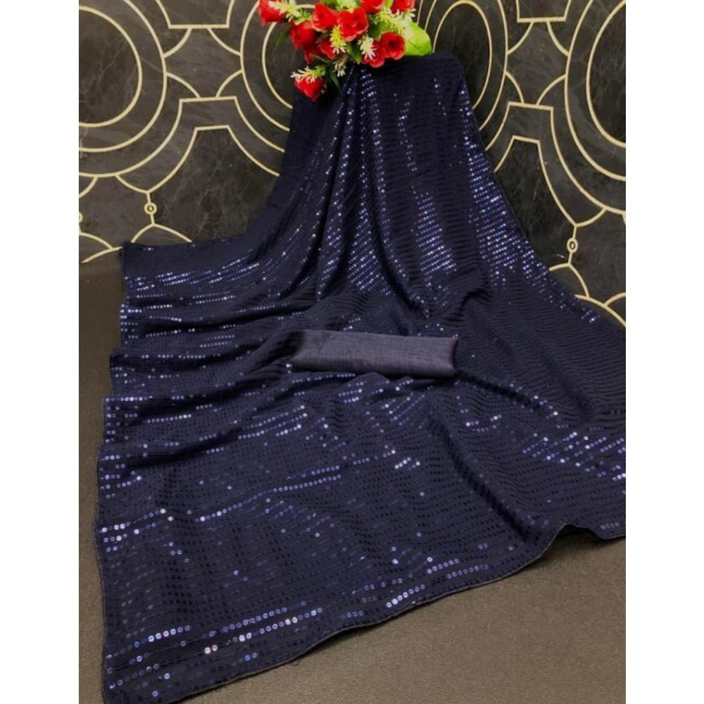 Snuggle Spot Women's Georgette Embellished Sequnece Bollywood Saree With Unstitched Blouse 5.5Mtr (Blue)