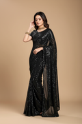Snuggle Spot Women's Georgette Embellished Sequnece Bollywood Saree With Unstitched Blouse 5.5Mtr (Black)