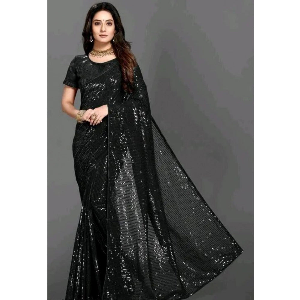 Snuggle Spot Women's Georgette Embellished Sequnece Bollywood Saree With Unstitched Blouse 5.5Mtr (Black)