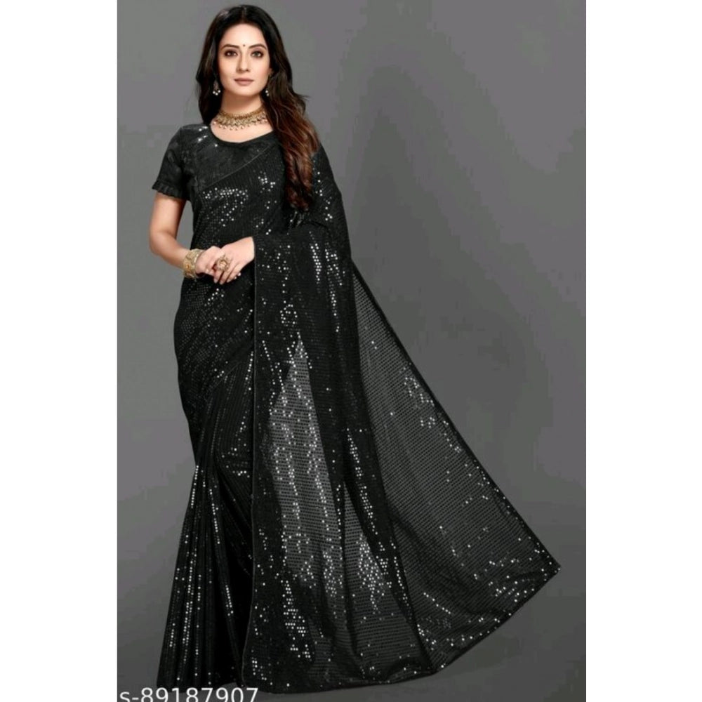 Snuggle Spot Women's Georgette Embellished Sequnece Bollywood Saree With Unstitched Blouse 5.5Mtr (Black)