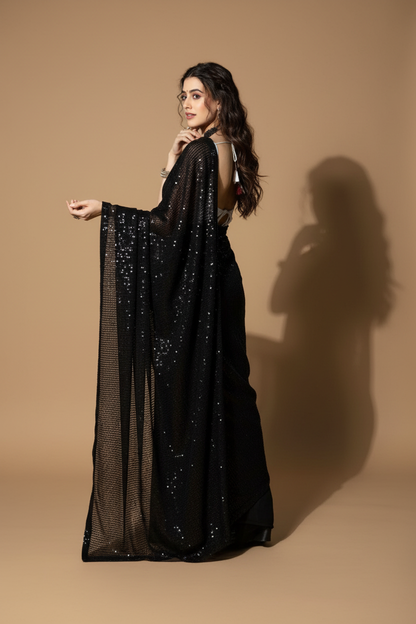Snuggle Spot Women's Georgette Embellished Sequnece Bollywood Saree With Unstitched Blouse 5.5Mtr (Black)