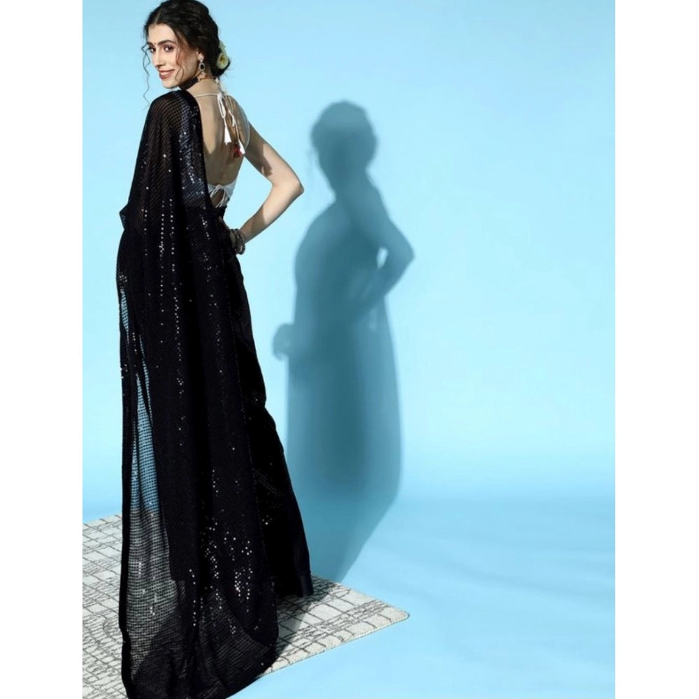 Snuggle Spot Women's Georgette Embellished Sequnece Bollywood Saree With Unstitched Blouse 5.5Mtr (Black)
