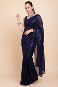Snuggle Spot Women's Georgette Embellished Sequnece Bollywood Saree With Unstitched Blouse 5.5Mtr (Blue)