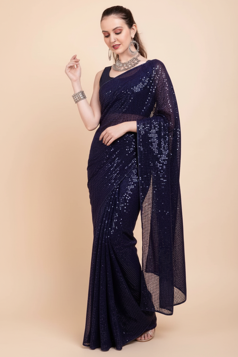 Snuggle Spot Women's Georgette Embellished Sequnece Bollywood Saree With Unstitched Blouse 5.5Mtr (Blue)