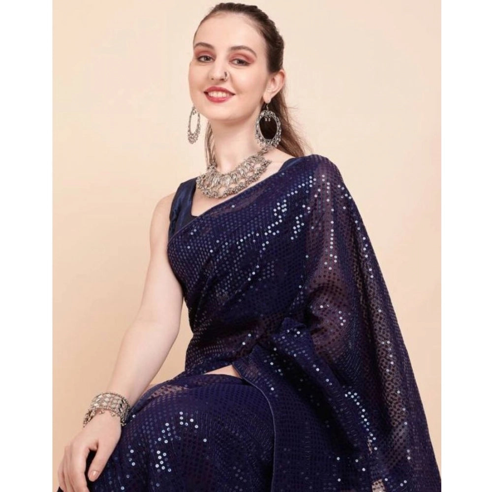 Snuggle Spot Women's Georgette Embellished Sequnece Bollywood Saree With Unstitched Blouse 5.5Mtr (Blue)