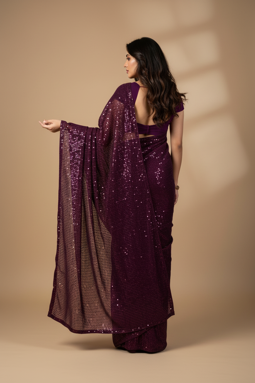 Snuggle Spot Women's Georgette Embellished Sequnece Bollywood Saree With Unstitched Blouse 5.5Mtr (Purple)