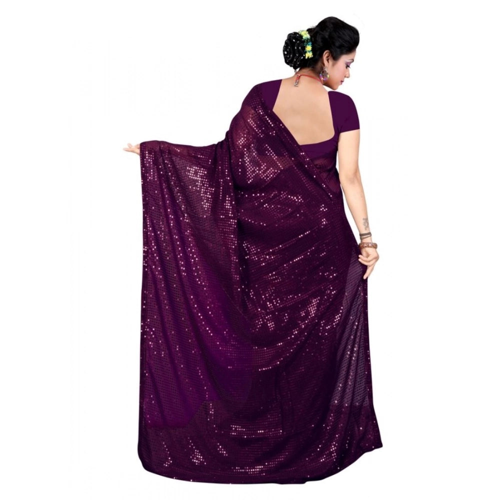 Snuggle Spot Women's Georgette Embellished Sequnece Bollywood Saree With Unstitched Blouse 5.5Mtr (Purple)