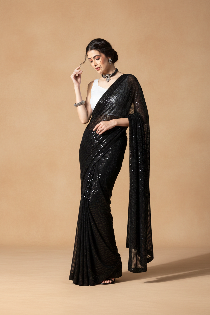 Snuggle Spot Women's Georgette Embellished Sequnece Bollywood Saree With Unstitched Blouse 5.5Mtr (Black)